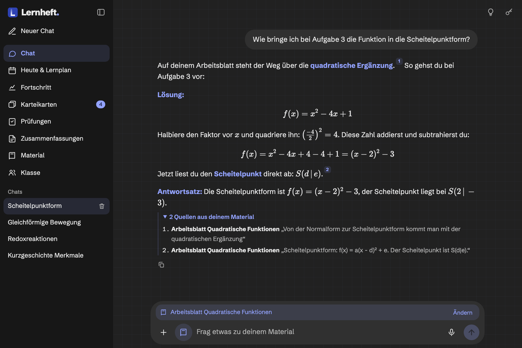 Lernheft chat: an answer with numbered sources from the uploaded worksheet