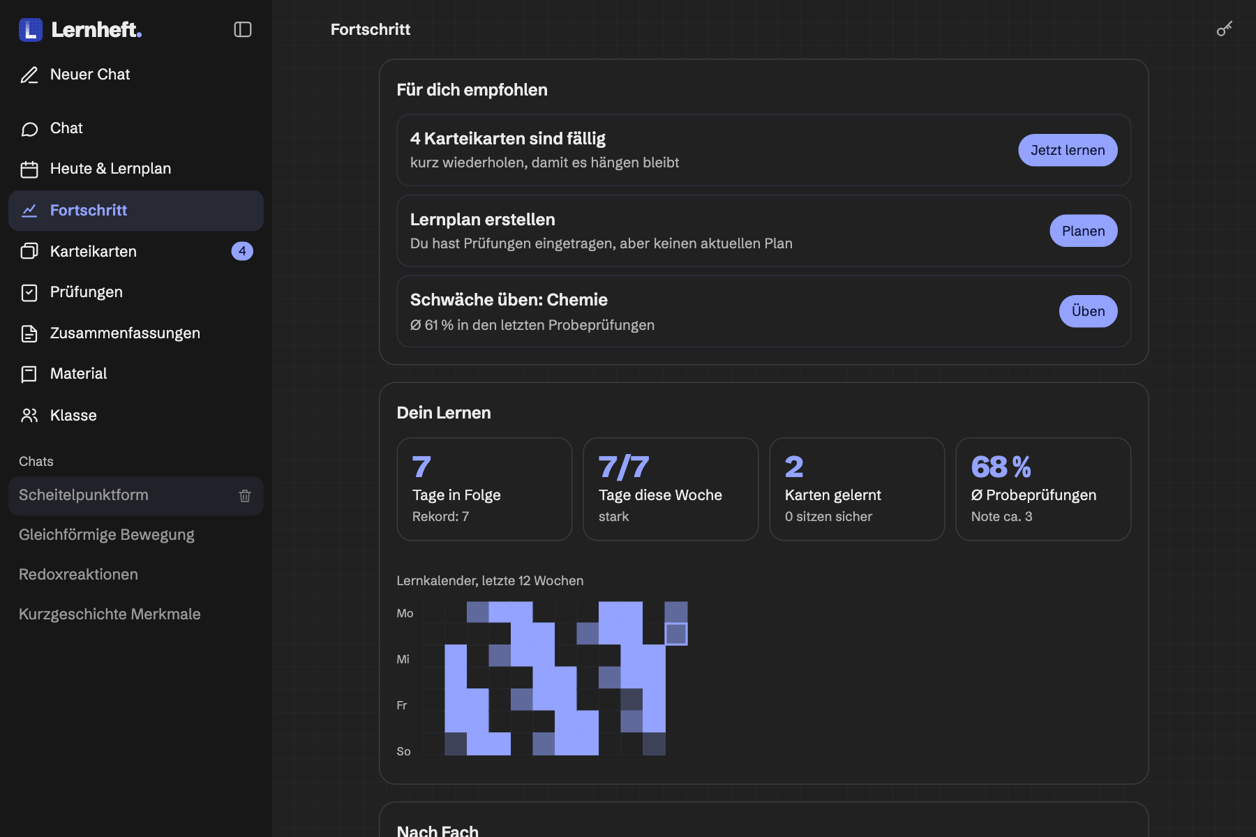 Lernheft progress page with study calendar and results