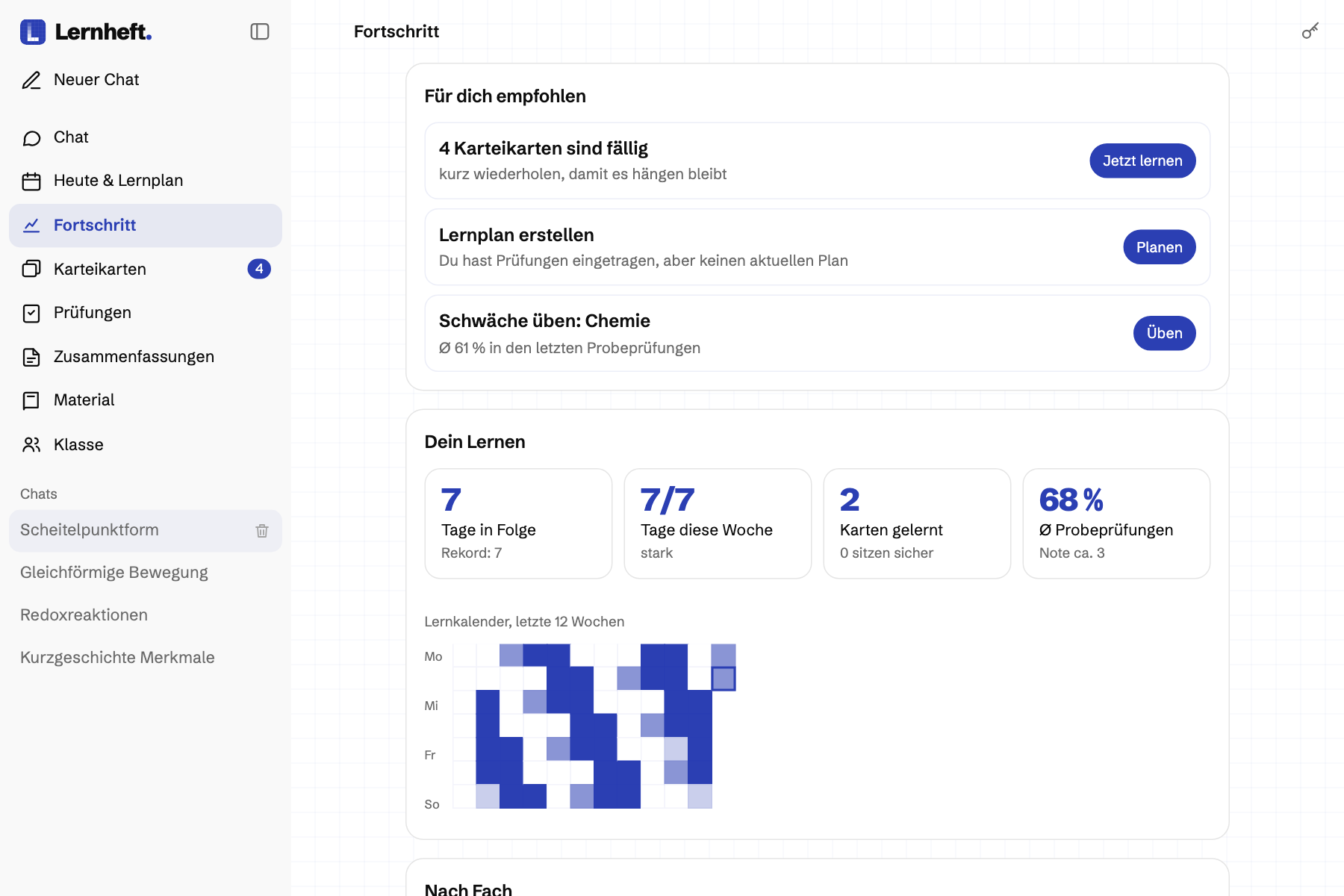 Lernheft progress page with study calendar and results